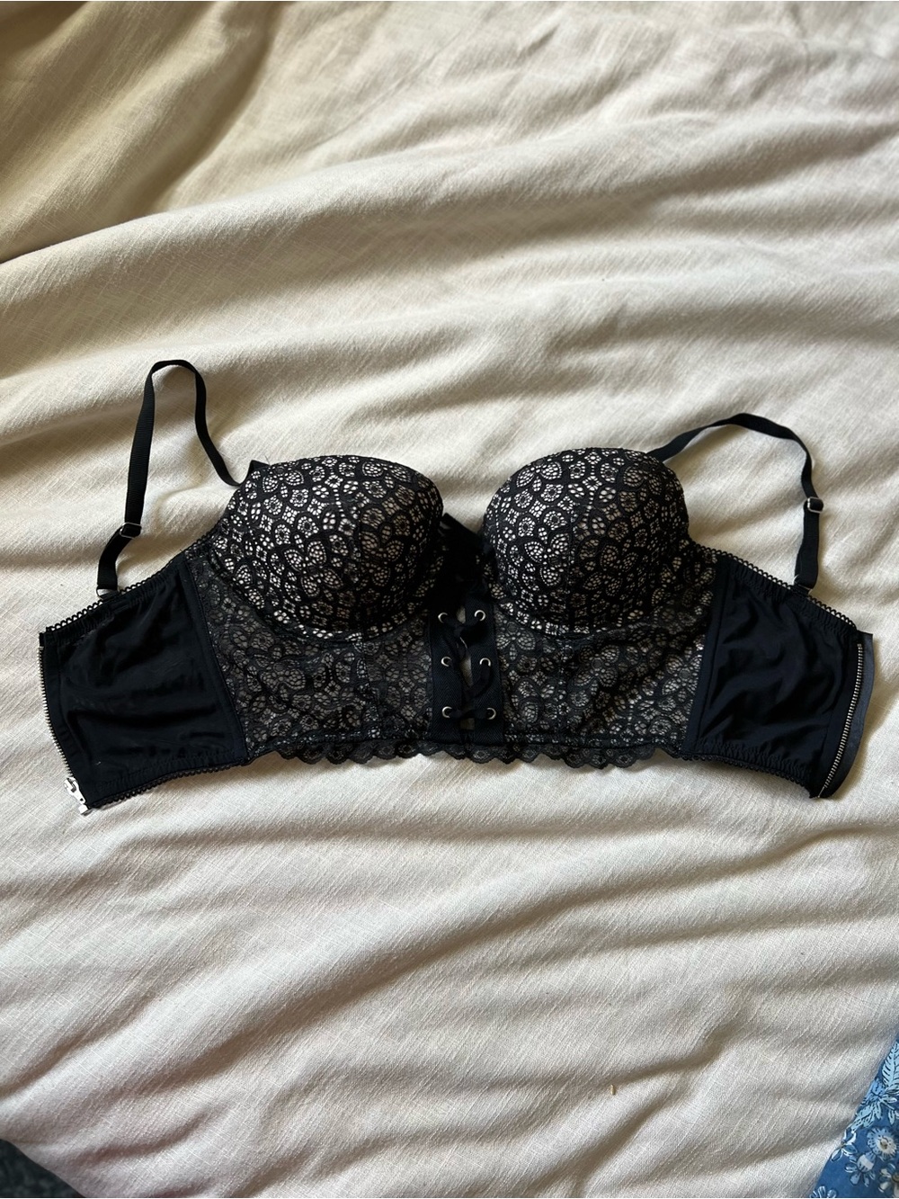 Victoria's Secret Black Lace Longline Convertible Bra with Front Lace-Up